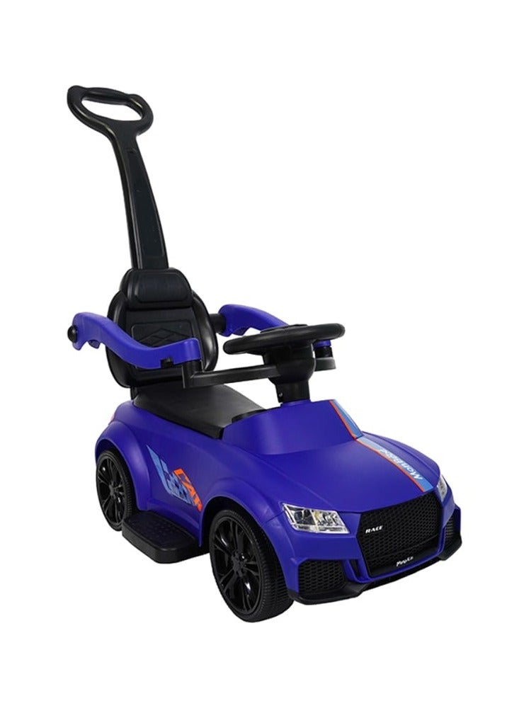 رالي سيارة ركوب أطفال صغيرة بتصميم رياضي أنيق – لون أزرق بعجلات سوداء، مزودة بمقود توجيه ومقبض دفع خلفي، مناسبة للأطفال - Image 4