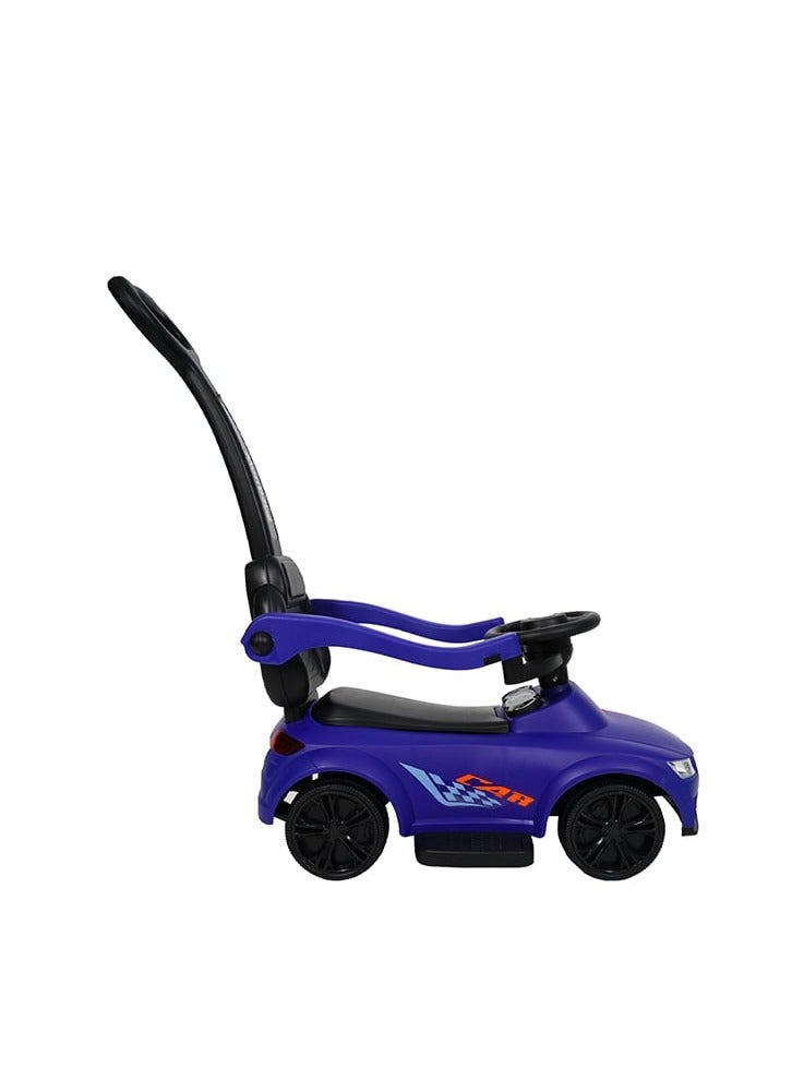 رالي سيارة ركوب أطفال صغيرة بتصميم رياضي أنيق – لون أزرق بعجلات سوداء، مزودة بمقود توجيه ومقبض دفع خلفي، مناسبة للأطفال - Image 5