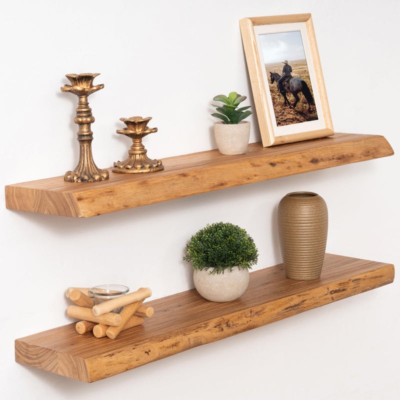 Marsmiles 30 inch Floating Shelves for Wall Elm Wood Live Edge Shelves|Rustic Wall Shelves with Invisible Heavy-Duty Bracket for Bathroom Living Room Kitchen|Natural, 2 Pack - Image 1