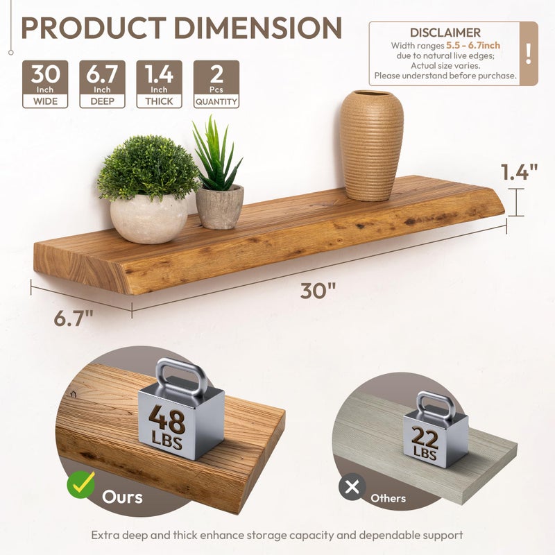 Marsmiles 30 inch Floating Shelves for Wall Elm Wood Live Edge Shelves|Rustic Wall Shelves with Invisible Heavy-Duty Bracket for Bathroom Living Room Kitchen|Natural, 2 Pack - Image 2