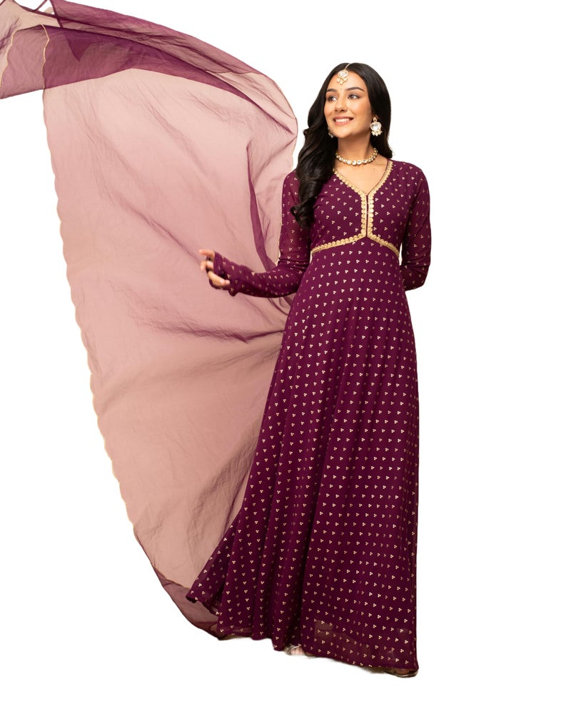 FIORRA Women's Wine Georgette Printed Gown with Dupatta SET0129 - Image 4