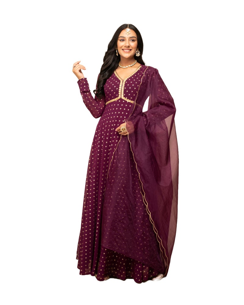 FIORRA Women's Wine Georgette Printed Gown with Dupatta SET0129 - Image 1