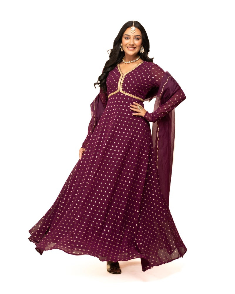 FIORRA Women's Wine Georgette Printed Gown with Dupatta SET0129 - Image 2