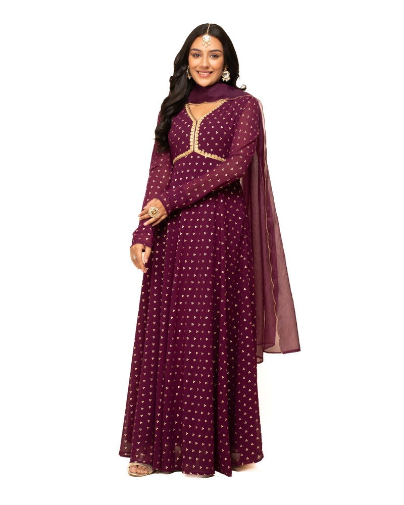 FIORRA Women's Wine Georgette Printed Gown with Dupatta SET0129 - Image 5