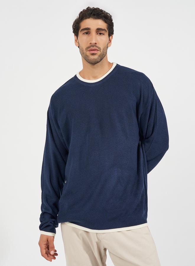 Styli Relaxed Tuck Knit Lightweight Sweater with Contrast Detail - Image 1