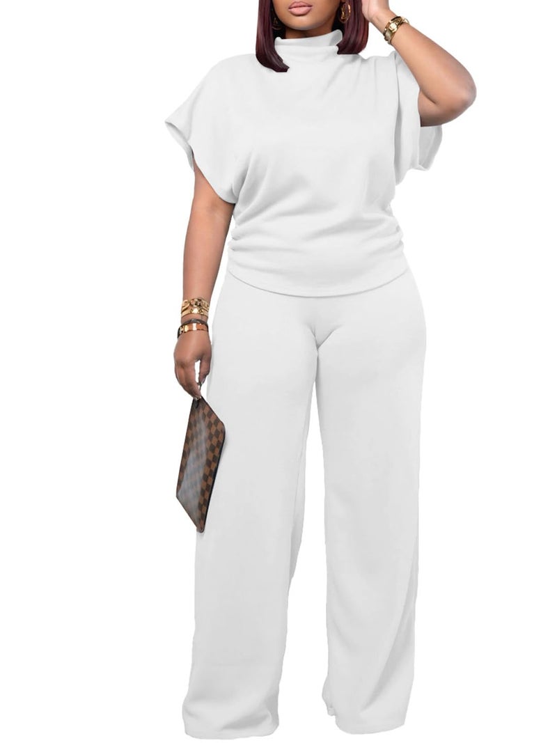 PINSV Lounge Sets For Women Casual 2 Piece Outfits Baggy Short Sleeve Top And Flare Pants Tracksuits Upgrade White M - Image 3