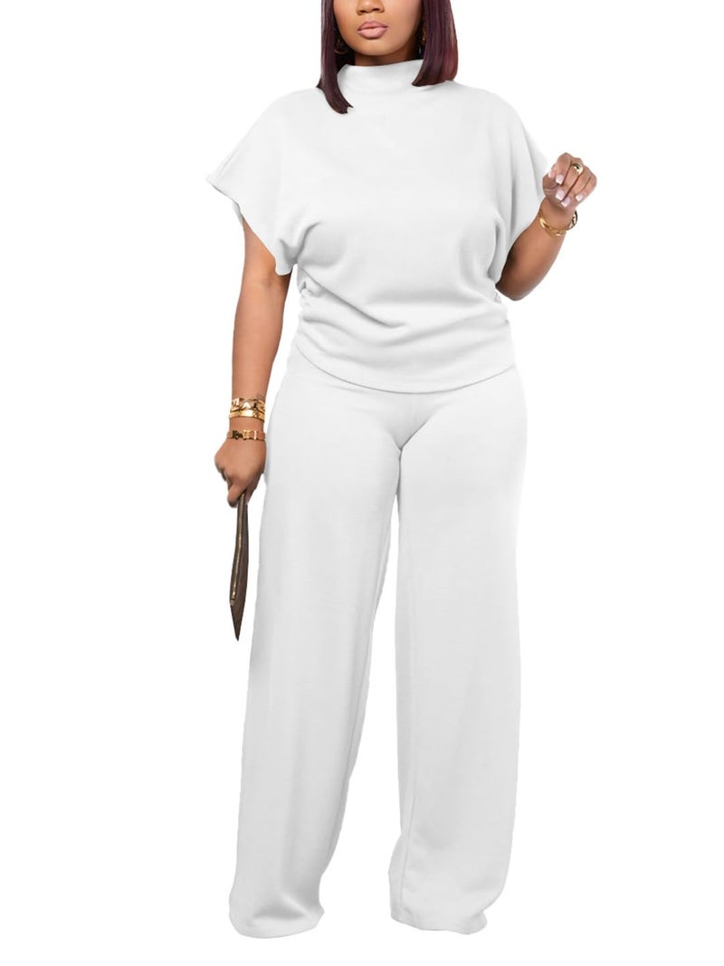 PINSV Lounge Sets For Women Casual 2 Piece Outfits Baggy Short Sleeve Top And Flare Pants Tracksuits Upgrade White M - Image 1