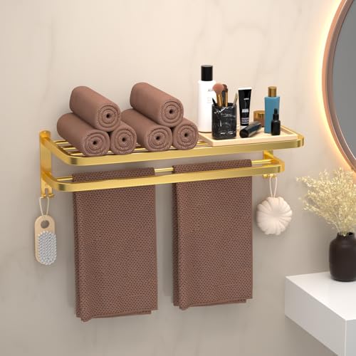 DDS-DUDES 23 Inch Gold Bathroom Towel Rack Towel Shelf with Double Towel Bars Lavatory Wall Mount Holder with Hooks Golden Stainless Steel Hotel Bath Rack - Image 5