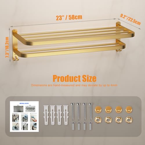 DDS-DUDES 23 Inch Gold Bathroom Towel Rack Towel Shelf with Double Towel Bars Lavatory Wall Mount Holder with Hooks Golden Stainless Steel Hotel Bath Rack - Image 2