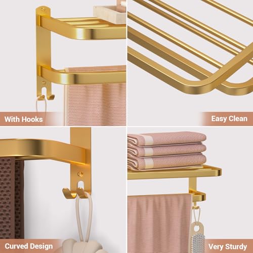 DDS-DUDES 23 Inch Gold Bathroom Towel Rack Towel Shelf with Double Towel Bars Lavatory Wall Mount Holder with Hooks Golden Stainless Steel Hotel Bath Rack - Image 3