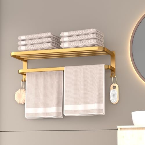 DDS-DUDES 23 Inch Gold Bathroom Towel Rack Towel Shelf with Double Towel Bars Lavatory Wall Mount Holder with Hooks Golden Stainless Steel Hotel Bath Rack - Image 4