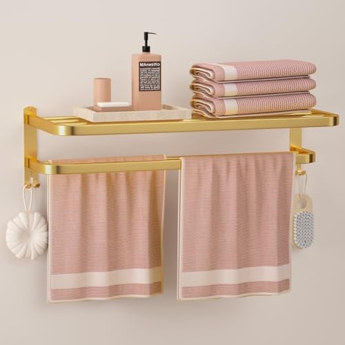 DDS-DUDES 23 Inch Gold Bathroom Towel Rack Towel Shelf with Double Towel Bars Lavatory Wall Mount Holder with Hooks Golden Stainless Steel Hotel Bath Rack - Image 1