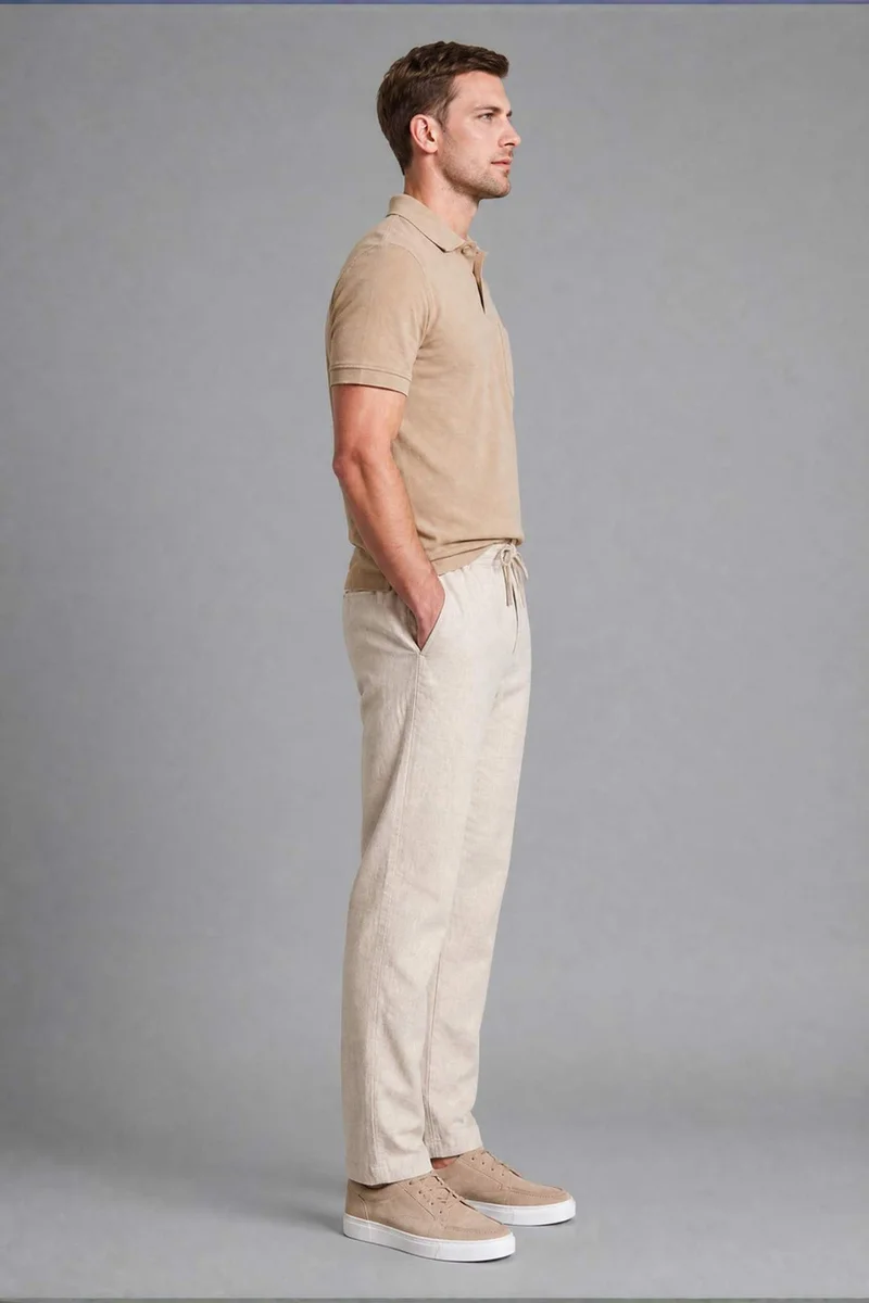 Defacto Linen Blend Elastic Waist Regular Fit Beige Trousers