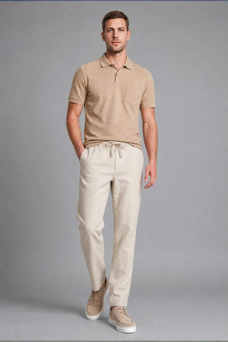 Defacto Linen Blend Elastic Waist Regular Fit Beige Trousers