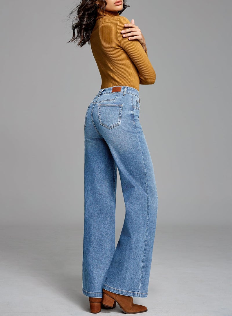 Sidefeel Women's Wide Leg Jeans High Waisted Stretchy Front Seam Denim Pants Size 12 Sky Blue - Image 5
