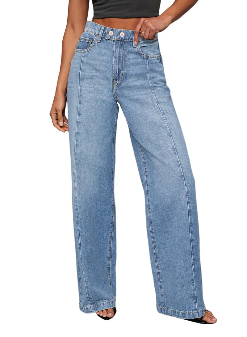 Sidefeel Women's Wide Leg Jeans High Waisted Stretchy Front Seam Denim Pants Size 12 Sky Blue - Image 1