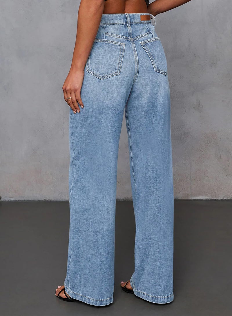 Sidefeel Women's Wide Leg Jeans High Waisted Stretchy Front Seam Denim Pants Size 12 Sky Blue - Image 2