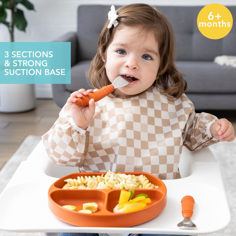 Bumkins Toddler and Baby Suction Plate, Divided Grip Dish for Babies and Kids, Baby Led Weaning, Feeding Supplies, Sticks to Tables and Highchairs, Platinum Silicone, for Children 6 Months, Clay - Image 2