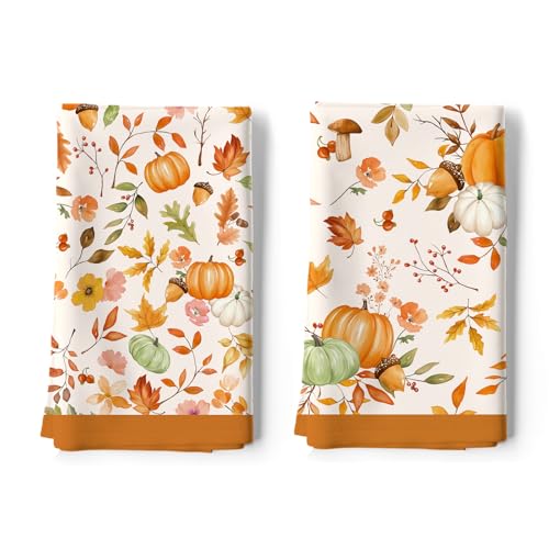 Arquiel Fall Pumpkin Maple Leaf Tea Towels, Cotton Kitchen Towel 18.9 × 27.5 Inch, Quick Drying Dish Cloth for Thanksgiving Party Anniversary Holiday Decoration Housewarming Gifts - Image 1