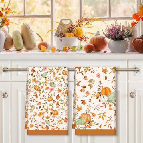 Arquiel Fall Pumpkin Maple Leaf Tea Towels, Cotton Kitchen Towel 18.9 × 27.5 Inch, Quick Drying Dish Cloth for Thanksgiving Party Anniversary Holiday Decoration Housewarming Gifts - Image 3