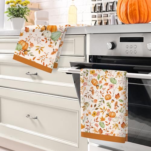 Arquiel Fall Pumpkin Maple Leaf Tea Towels, Cotton Kitchen Towel 18.9 × 27.5 Inch, Quick Drying Dish Cloth for Thanksgiving Party Anniversary Holiday Decoration Housewarming Gifts - Image 2