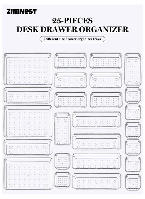 25 PCS Clear Plastic Drawer Organizers Set, 4-Size Versatile Bathroom and Vanity Drawer Organizer Trays, Storage Bins for Makeup, Bedroom, Kitchen Gadgets Utensils and Office