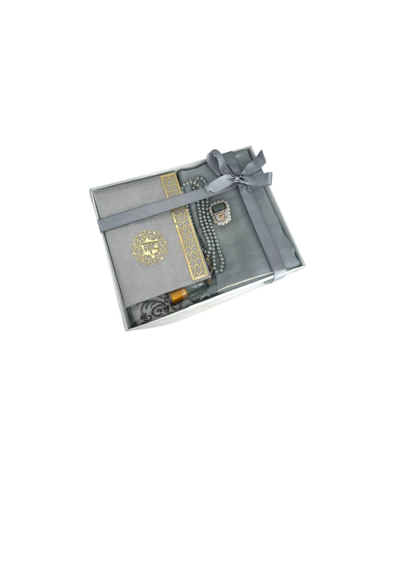 Sajadati Deluxe Muslim Prayer Gift Set – Holy Quran, Premium Salah Mat, Head Scarf, Tasbih Beads & Digital Counter, Oud Oil – Elegant Grey Islamic Gift for Ramadan, Eid & Special Occasions - Image 1