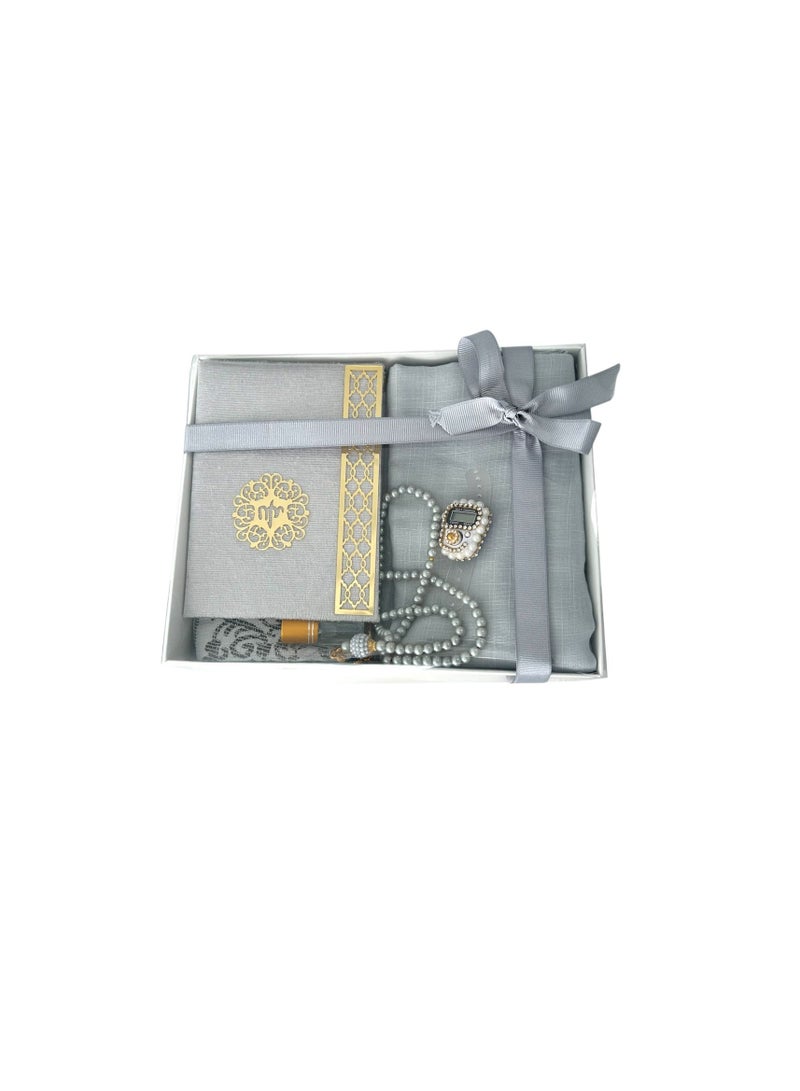 Sajadati Deluxe Muslim Prayer Gift Set – Holy Quran, Premium Salah Mat, Head Scarf, Tasbih Beads & Digital Counter, Oud Oil – Elegant Grey Islamic Gift for Ramadan, Eid & Special Occasions - Image 2