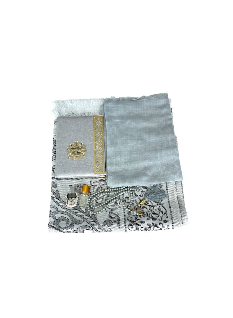 Sajadati Deluxe Muslim Prayer Gift Set – Holy Quran, Premium Salah Mat, Head Scarf, Tasbih Beads & Digital Counter, Oud Oil – Elegant Grey Islamic Gift for Ramadan, Eid & Special Occasions - Image 3