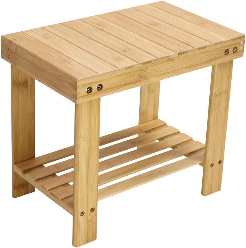 KKTONER Bamboo Step Stool with Storage Shower Bench with Shelf Foot Stool for Bathroom Living Room Bedroom Natural Color - Image 1