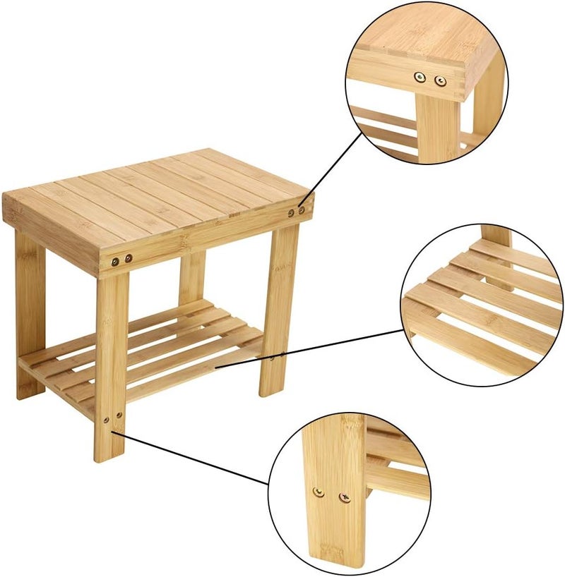 KKTONER Bamboo Step Stool with Storage Shower Bench with Shelf Foot Stool for Bathroom Living Room Bedroom Natural Color - Image 5