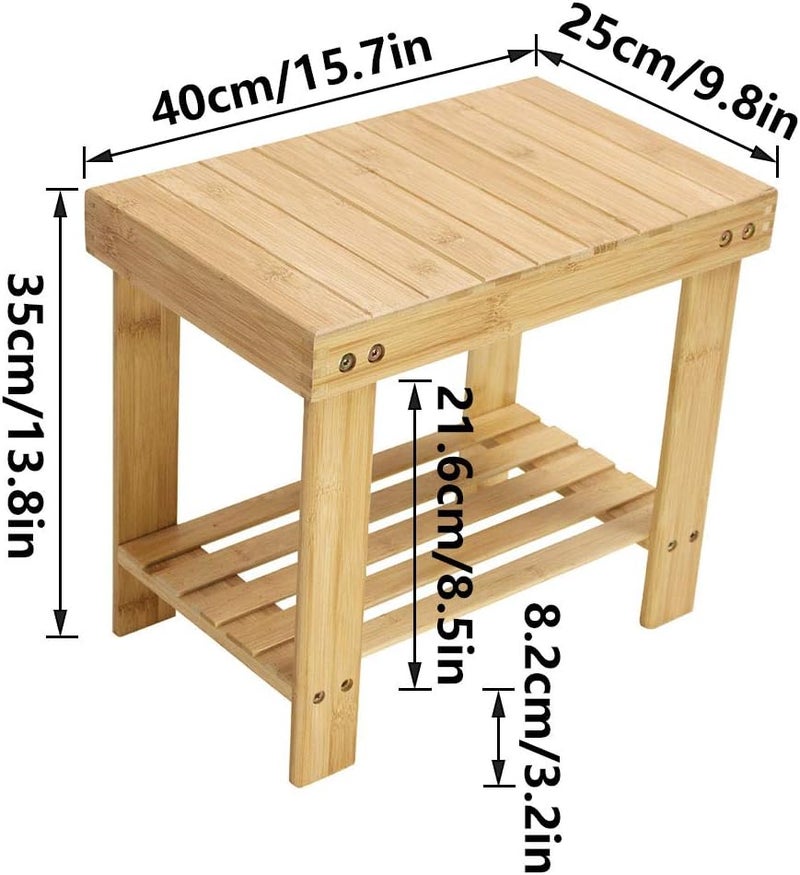 KKTONER Bamboo Step Stool with Storage Shower Bench with Shelf Foot Stool for Bathroom Living Room Bedroom Natural Color - Image 2