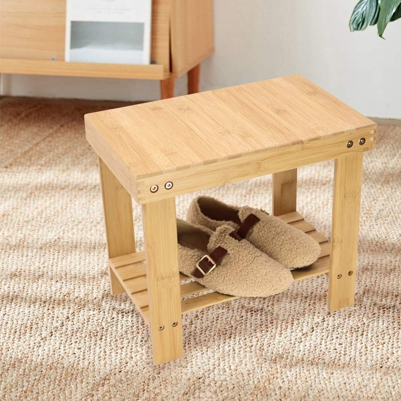 KKTONER Bamboo Step Stool with Storage Shower Bench with Shelf Foot Stool for Bathroom Living Room Bedroom Natural Color - Image 3