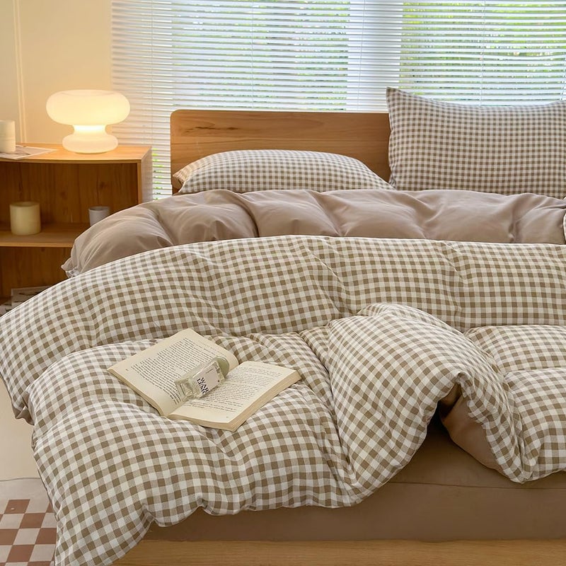 NSNLGSGC NSNLGSGC Twin Grid Gingham Duvet Cover Set Tan  Washed Soft Comforter Cover Set Brown Lightweight Bedding Set 2PCS Twin
