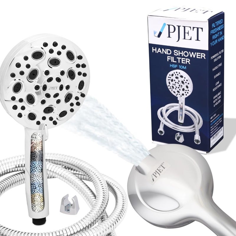 PJET 10 Mode Handheld Filter Shower Head |Pressure Hand Shower With 1.5 Meter Flexible Tube And Wall Hook | 10 Different Spray Modes- Mist, Rain, Massage |Hand Shower Filter With Water Softner,Chrome - Image 1