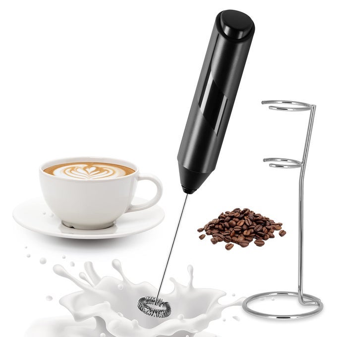 ELECTRIC MILK FROTHER HANDHELD WITH STAINLESS STEEL STAND BATTERY OPERATED WHISK DRINK MIXER FOR COFFEE FRAPPE LATTE MATCHA HOT CHOCOLATE BLACK 1 PACK BLACK