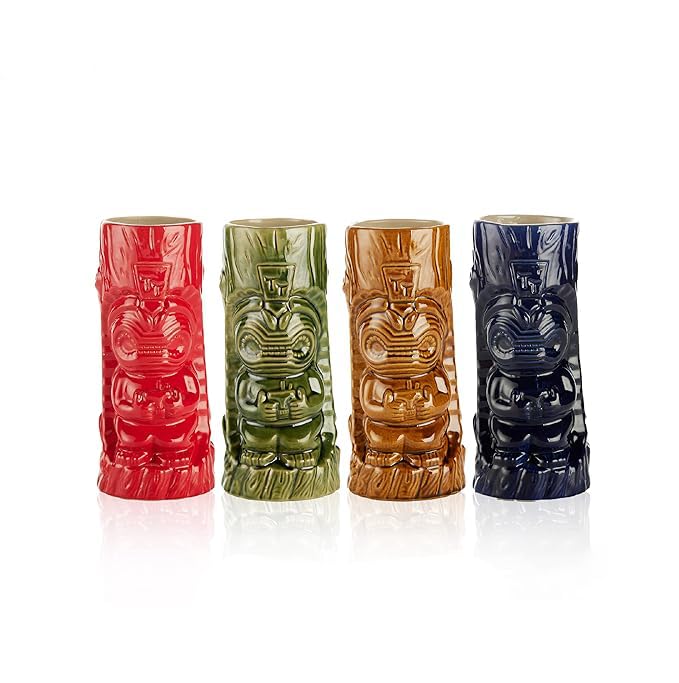 LEMONSODA HardCarved and HandPainted Tiki Mugs Cocktails  Set of 4  Large Tumblers Ceramic Tiki Party Mugs Drinkware Exotic Cocktail Glasses Tiki Bar Professional Hawaiian Party Barware  17oz
