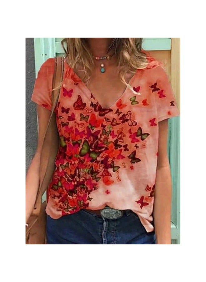 European And American New Export Women's V Neck Top Retro Butterfly Print Short-sleeved T-shirt