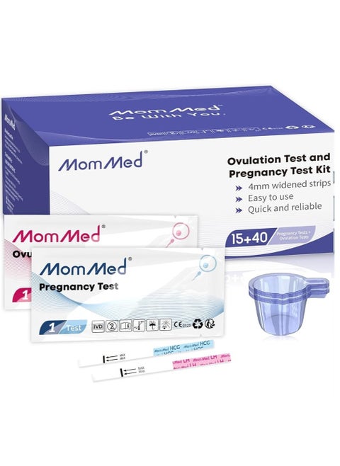 مجموعة اختبار التبويض من MomMed (HCG15-LH40)، 15 شريطًا للحمل و40 شريطًا لاختبار التبويض مع 55 كوبًا للبول، اختبار الحمل المبكر الموثوق والسريع