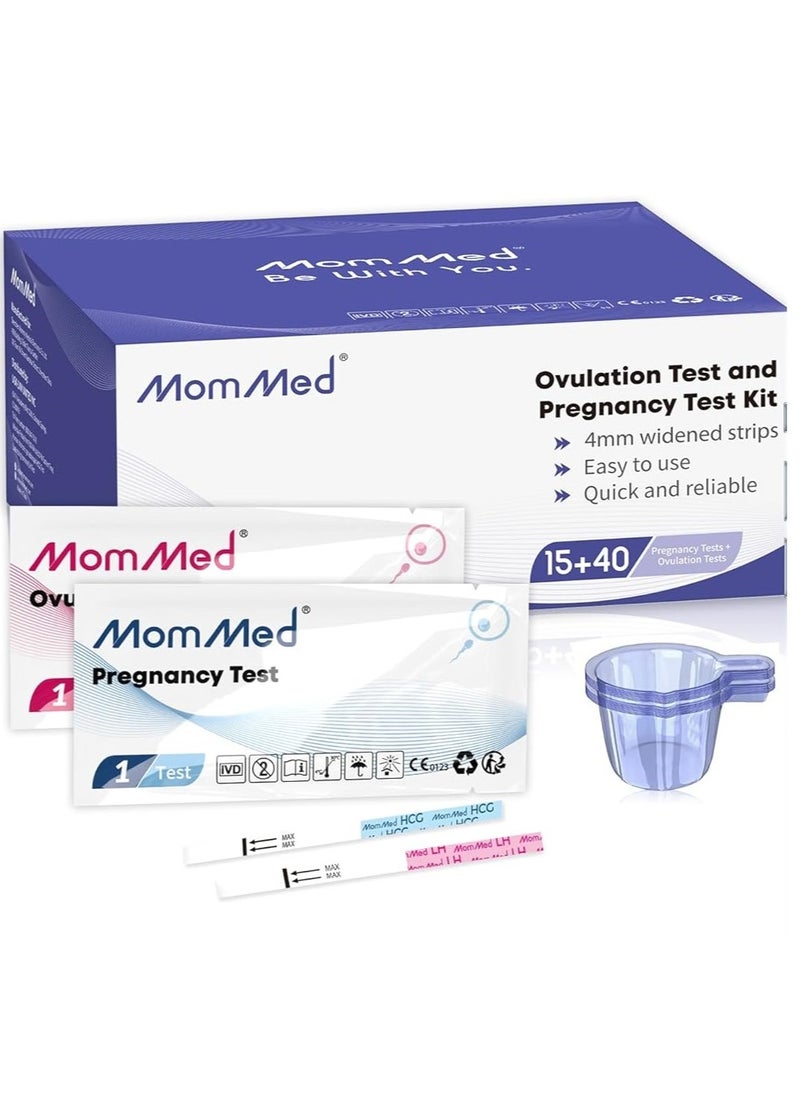 MomMed - مجموعة اختبار التبويض من MomMed (HCG15-LH40)، 15 شريطًا للحمل و40 شريطًا لاختبار التبويض مع 55 كوبًا للبول، اختبار الحمل المبكر الموثوق والسريع - Image 1