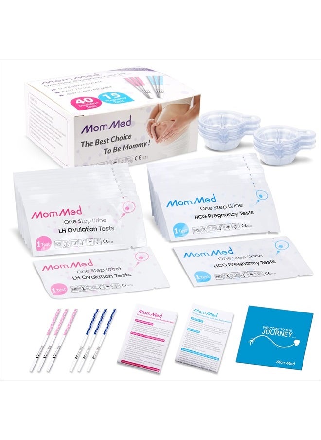 MomMed - مجموعة اختبار التبويض من MomMed (HCG15-LH40)، 15 شريطًا للحمل و40 شريطًا لاختبار التبويض مع 55 كوبًا للبول، اختبار الحمل المبكر الموثوق والسريع - Image 1
