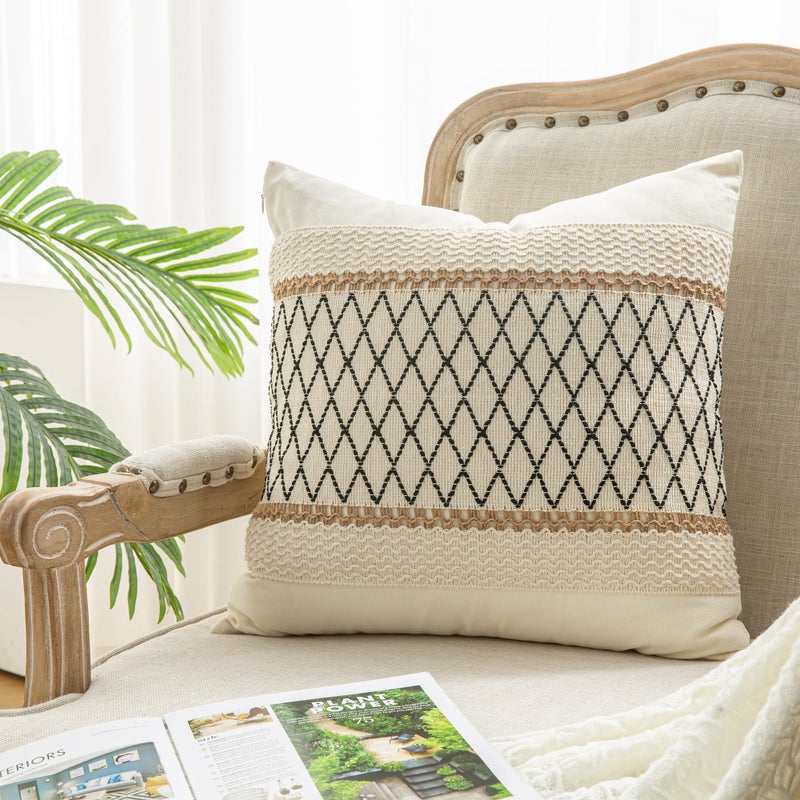 Mayler Yee Throw Pillow Covers 20 x 20 Inch 1PC for Farmhouse Living Room  Cotton & Burlap Textured Striped Woven Boho Pillow Covers (Beige & Black Grid) - Image 1