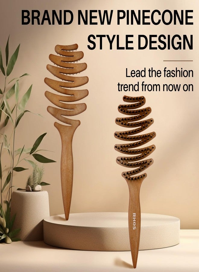 RHOS Pinecone Boar and Nylon Bristle Hair Brush for Women, Vented Boar Hair Brush, Enhance Shine on Hair, 10-Degree Curved Paddle Enable Better Massage on Scalp and Detangling Experience - Image 2