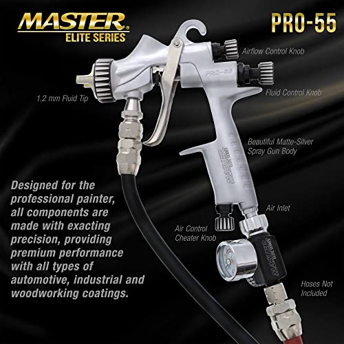 Master Airbrush Master Elite High-Performance PRO-55 Series HVLP Pressure Feed Spray Gun with 1.2mm Tip - Ideal for Automotive Basecoats, Clearcoats, Primers, Industrial & Woodworking Coatings - Superior Atomization - Image 3