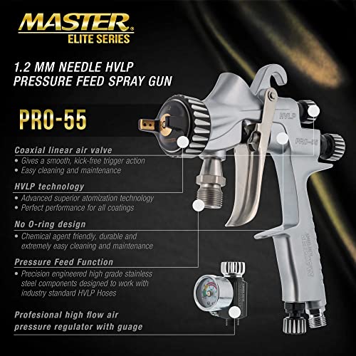 Master Airbrush Master Elite High-Performance PRO-55 Series HVLP Pressure Feed Spray Gun with 1.2mm Tip - Ideal for Automotive Basecoats, Clearcoats, Primers, Industrial & Woodworking Coatings - Superior Atomization - Image 2