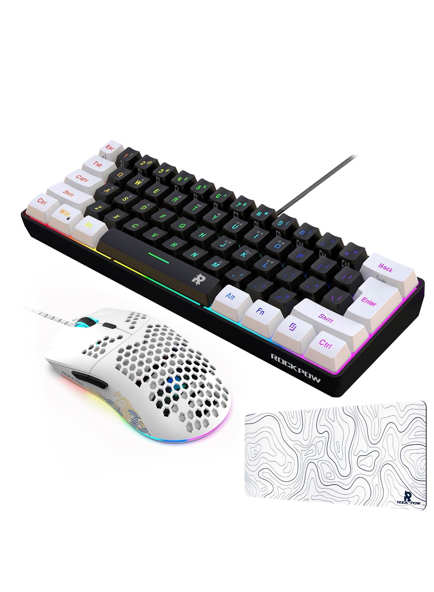 Rock Pow Gaming Combo 3in1 60% Wired Gaming Keyboard RGB Gaming Mice Ergonomic Ultralight 8000DPI Optical Sensor Mouse 61 Keys RGB Backlit Keyboard 700x300mm Large Gaming Mouse Pad mini Bundle for PC Gamer
