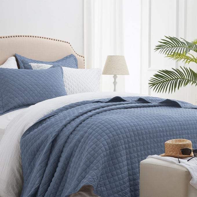 QUEEN QUILT BEDDING SET BLUE LIGHTWEIGHT COMFORTER BEDSPREAD BLANKET FULL QUEEN SIZE QUILT DURABLE QUILTED STITCHING COVERLET WITH 2 PILLOW SHAMS DIAMOND PATTERN ALL SEASONS 3PCS