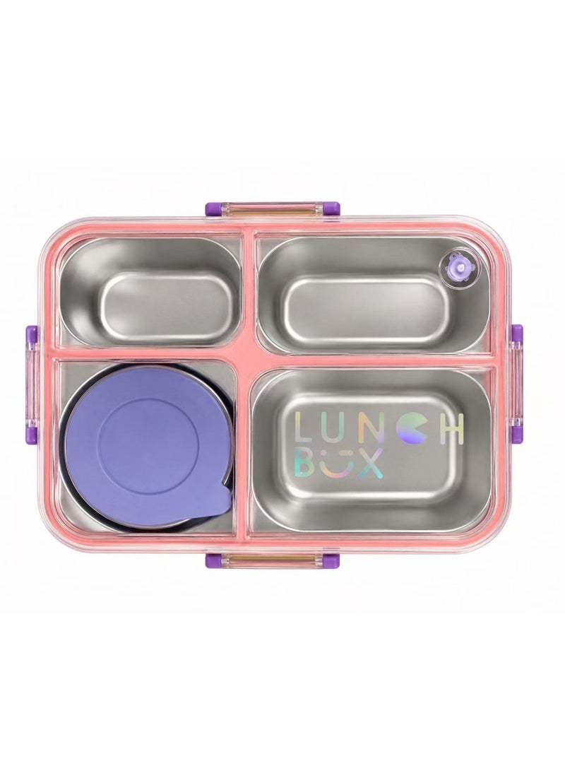 Taj Bazaar  Stainless Steel Lunch Box, 4-Compartment with Sauce Container, Leakproof, 26.2CM x 19.3CM x 6.5CM pink - Image 1