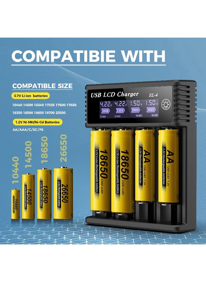 LI-ION 18650 Battery Charger,4 Bay LCD Display Smart Universal Charger for Rechargeable Batteries Ni-MH/Ni-Cd AA AAA 3.7V Li-ion Battery 21700 26650 14500 16650(Battery not Included) - Image 2