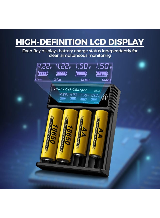 LI-ION 18650 Battery Charger,4 Bay LCD Display Smart Universal Charger for Rechargeable Batteries Ni-MH/Ni-Cd AA AAA 3.7V Li-ion Battery 21700 26650 14500 16650(Battery not Included) - Image 3